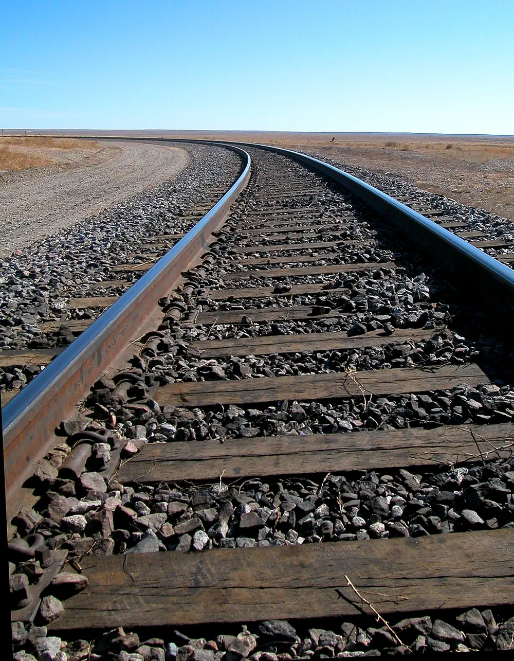 Timber railroad ties and ballast beneath two rails curving across open terrain.